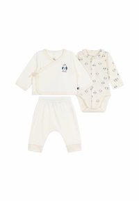 Dreiteiliges Baby-Outfit-Set in Creme: ein Wickeloberteil mit einem Panda-Motiv, ein Langarm-Body mit einem Panda-Muster und passende Hosen.