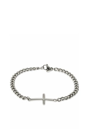 Bracciale a catena in argento con croce orizzontale centrale e chiusura a moschettone su sfondo bianco.