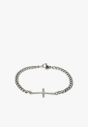 Zilveren kettingarmband met een horizontaal kruis als middelpunt en een karabijnsluiting op een witte achtergrond.