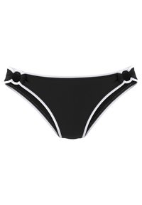 Bas de bikini noir avec des bordures blanches, des accents en nœud et une texture lisse. Le design est de forme classique mi-haute avec un léger éclat.