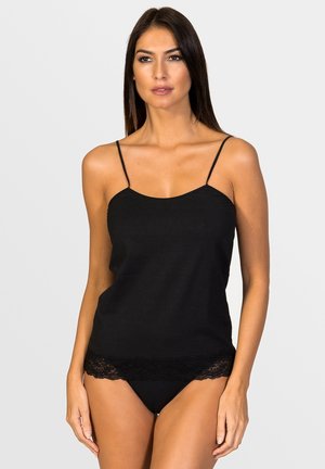 Schwarzes Trägershirt mit dünnen Trägern, aus weichem Stoff, mit einem Spitzenbesatz am Saum, entworfen für eine figurbetonte Silhouette.