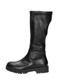 Zwarte leren kniehoge laars met een gladde textuur, ronde neus en een stevige rubberen zool. Kenmerkt zich door een strakke, aansluitende pasvorm.