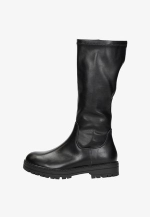 Zwarte leren kniehoge laars met een gladde textuur, ronde neus en een stevige rubberen zool. Kenmerkt zich door een strakke, aansluitende pasvorm.