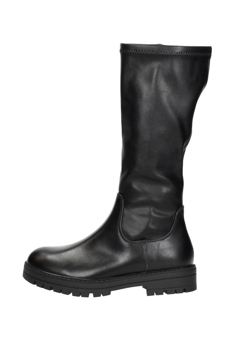 Zwarte leren kniehoge laars met een gladde textuur, ronde neus en een stevige rubberen zool. Kenmerkt zich door een strakke, aansluitende pasvorm.