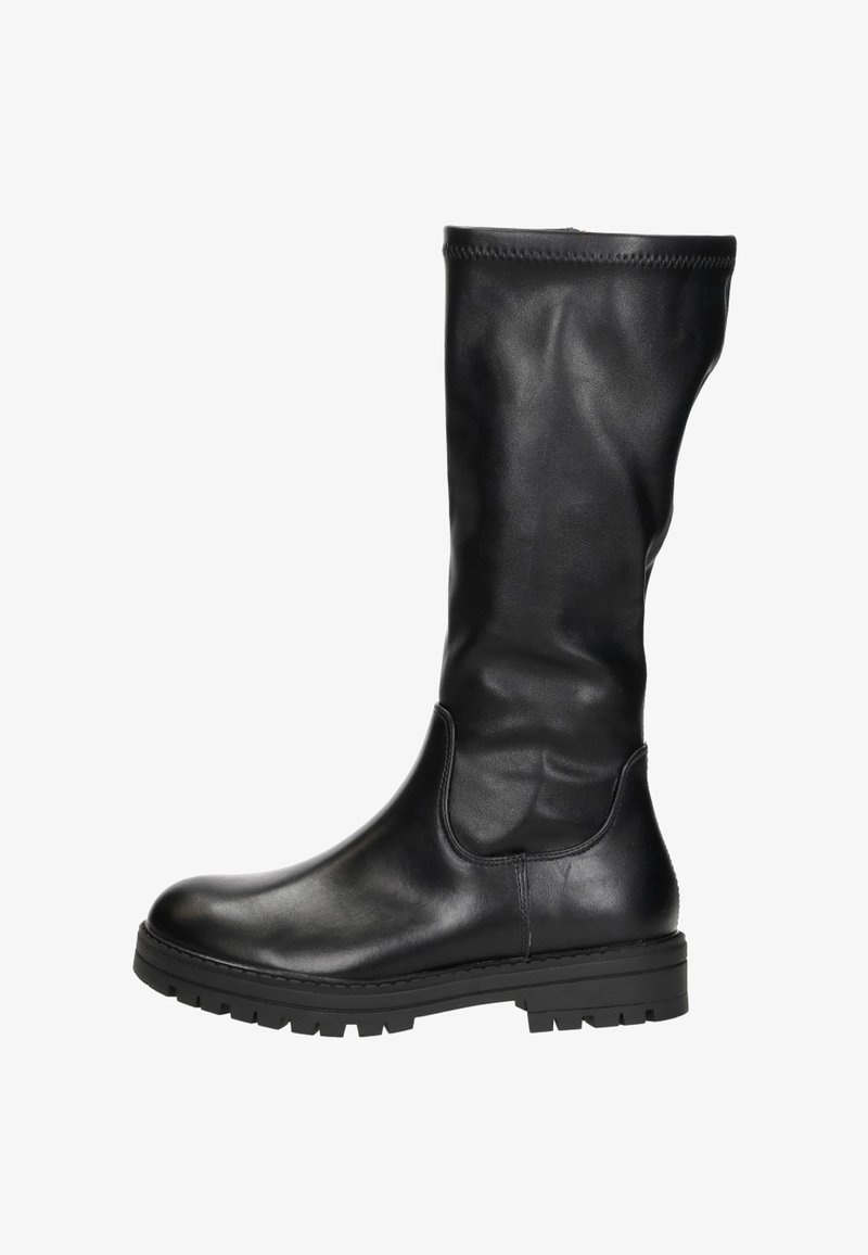 Zwarte leren kniehoge laars met een gladde textuur, ronde neus en een stevige rubberen zool. Kenmerkt zich door een strakke, aansluitende pasvorm.