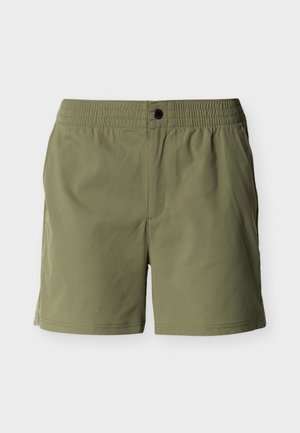 Shorts décontractés vert olive avec taille élastique, fermeture à bouton noir, longueur mi-cuisse, présentés à plat sur un fond clair.