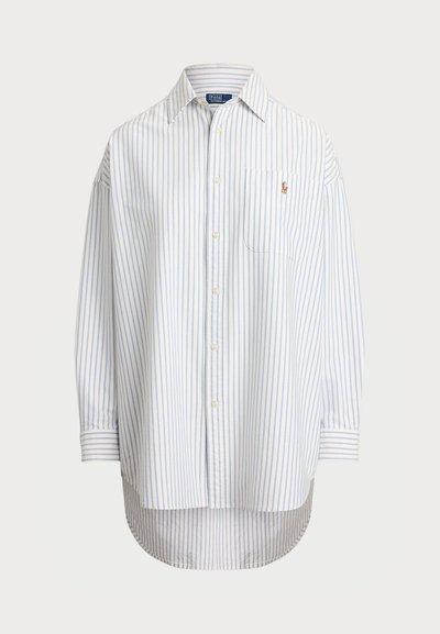 Gestreifte Hemdbluse in Hellblau und Weiß, mit einer Brusttasche und einem kleinen Logo. Hergestellt aus glattem Stoff mit lässigem Schnitt.