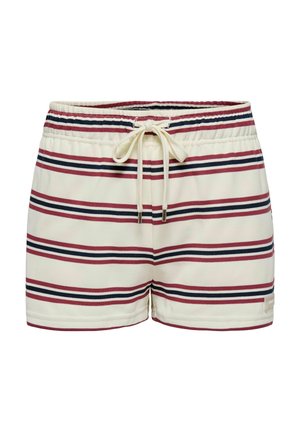 Men's swim shorts, cream with red and navy stripes, elastic waistband with drawstring, textured fabric, and a small logo tag on the side.