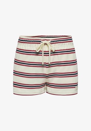 Men's swim shorts, cream with red and navy stripes, elastic waistband with drawstring, textured fabric, and a small logo tag on the side.