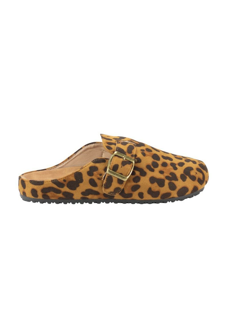 Zuecos sin cordones de estampado de leopardo en marrón y negro, con hebilla lateral, material de ante, forma redondeada y suela exterior de goma texturizada.