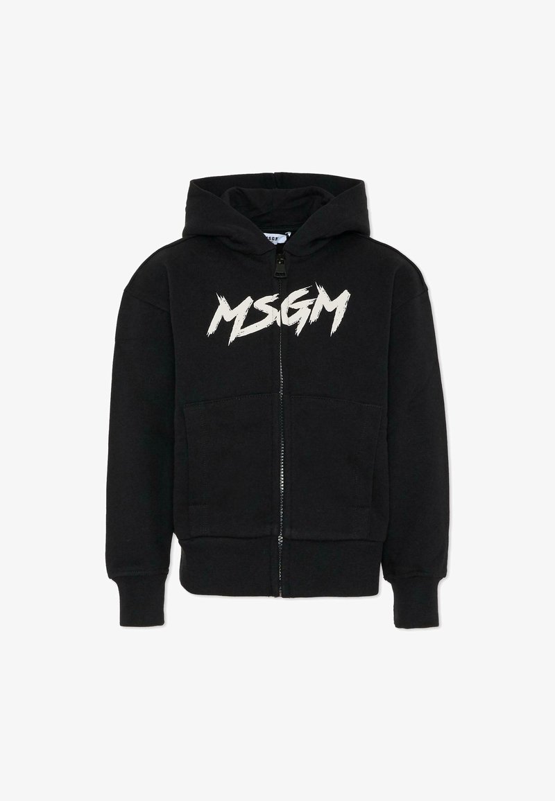 Felpa nera con zip realizzata in misto cotone; presenta un logo bianco sul davanti, tasche a canguro e un cappuccio con coulisse. Texture morbida.