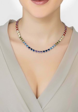 Necklace with heart-shaped, multicolored gemstones in shades of red, blue, green, and purple, set in a silver-tone chain.