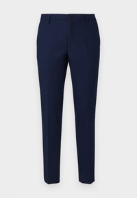 Pantaloni tagliati blu navy realizzati in un tessuto liscio, con chiusura a bottone, frontale piatto e gambe affusolate per una vestibilità moderna.