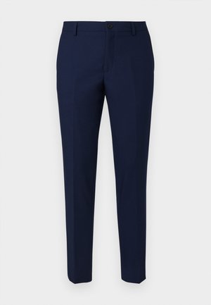 Marineblauwe op maat gemaakte broek van een gladde stof, met een knoopsluiting, vlakke voorkant en taps toelopende benen voor een moderne pasvorm.