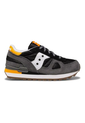 Sneaker nere e grigie realizzata in mesh e suede, con accenti bianchi e arancioni, suola ammortizzata e battistrada con motivo.