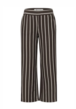 Pantalon noir à jambes larges avec des rayures verticales blanches et une ceinture élastique, conçu pour une tenue décontractée ou de bureau.