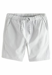Shorts de bain gris clair en tissu léger, avec une taille élastique et un cordon de serrage, ainsi que des poches latérales.