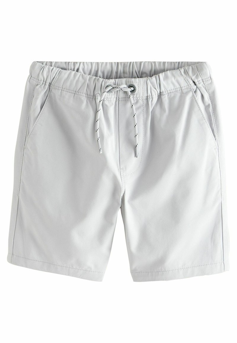 Shorts de bain gris clair en tissu léger, avec une taille élastique et un cordon de serrage, ainsi que des poches latérales.