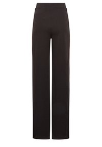 Svarta vida byxor i mjukt tyg med resårmidja, som har en slät yta och en ren, minimalistisk design.