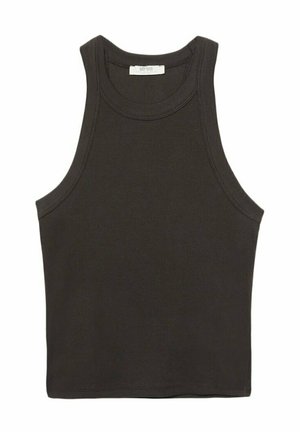 Dunkelgraues, ärmelloses Tanktop aus einem Baumwoll-Mix, mit Rundhalskragen und sauberen Kanten. Keine sichtbaren Muster oder Akzente.