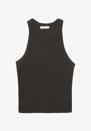 Czarna szara bezrękawnik wykonany z dzianiny bawełnianej, posiadający okrągły dekolt i czyste krawędzie. Brak widocznych wzorów lub akcentów.