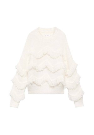 Pull en tricot blanc à manches longues avec motif zigzag à franges superposées sur le corps et les manches, avec poignets et ourlet côtes.