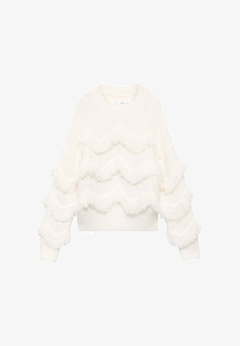 Pull en tricot blanc à manches longues avec motif zigzag à franges superposées sur le corps et les manches, avec poignets et ourlet côtes.