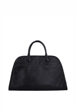 Schwarze Lederhandtasche mit abgerundeten oberen Griffen und einer strukturierten, trapezförmigen Form auf weißem Hintergrund.