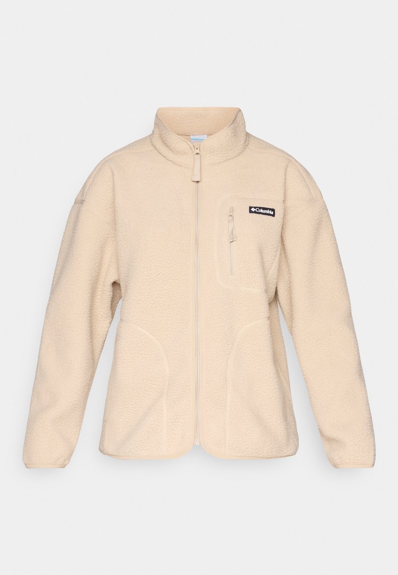 Beige Fleecejacke mit durchgehendem Frontreißverschluss, Stehkragen, Reißverschlusstasche auf der Brust und Columbia-Logo auf der linken Brustseite.
