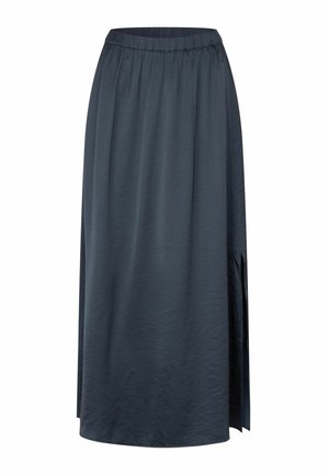 Donkerblauwe maxirok met elastische tailleband en zijsplit aan de linkerkant, gemaakt van lichtgewicht stof met een subtiele glans.