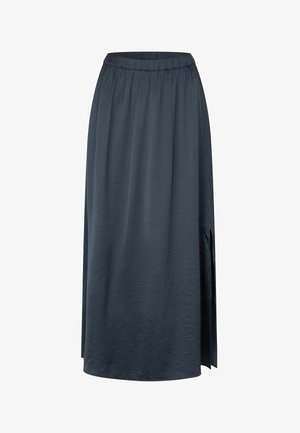 Donkerblauwe maxirok met elastische tailleband en zijsplit aan de linkerkant, gemaakt van lichtgewicht stof met een subtiele glans.
