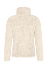 Veste polaire beige à manches longues et col montant, vue de dos, avec un tissu doux et texturé.