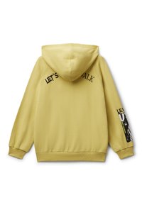 Geel hoodie met een trekkoordcapuchon, voorzien van de tekst "LET'S WALK" op de achterkant en grafische accenten op de mouwen. Glad katoen.