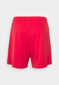 Pantalones cortos deportivos rojos hechos de un tejido ligero. Cuentan con una cinturilla elástica y una textura suave. Sin patrones ni herrajes visibles.