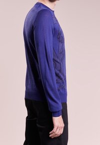 Pull en tricot bleu vif avec de longues manches, un col rond et un design graphique texturé à l'avant. Coupe slim avec des poignets et un ourlet côtelés.