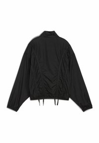 Black cropped jacket with long sleeves, featuring a textured fabric, elastic hem, and drawstrings at the bottom. Simple collar design.