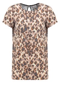 Blouse à imprimé léopard avec manches courtes, encolure ronde et dos à découpure. Confectionnée dans un tissu doux avec des motifs animaux marron et gris.