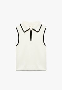 Ärm-lös polo topp i off-white bomull med en kontrasterande svart krage och dragkedja framtill. Har en slät textur och rena linjer.