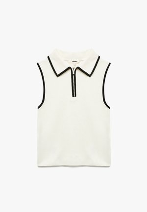 Ärmelloses Poloshirt aus off-weißem Baumwollmaterial mit kontrastierendem schwarzen Kragen und Reißverschluss vorne. Verfügt über eine glatte Textur und klare Linien.