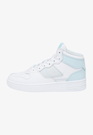 High-top sneaker in white leather with light blue accents, perforated toe, flat white laces, and a textured collar. Features logo detail.