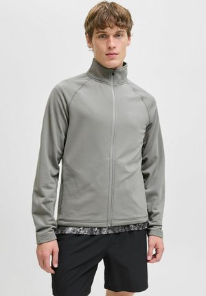 Grå zip-up jakke lavet af tekstureret stof med opretstående krave; har lange ærmer og en tætsiddende pasform, parret med sorte shorts.