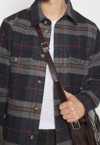 Plaid wool shirt jacket in navy, gray, and orange, featuring a button front, two chest pockets, and a relaxed fit. Brown strap across shoulder.