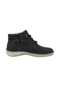 Schwarze Knöchelstiefel mit einem glatten Lederobermaterial, Schnürung an der Vorderseite, seitlichem Reißverschluss und weißer Naht; verfügt über ein weiches Futter und eine flexible Sohle.