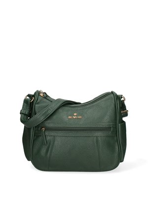 Green leather crossbody bag with a textured finish, featuring a front zip pocket and an adjustable strap, accented with gold hardware.