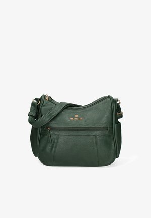 Borsa a tracolla verde in pelle con finitura testurizzata, dotata di una tasca frontale con zip e di una tracolla regolabile, accentuata da dettagli in metallo dorato.