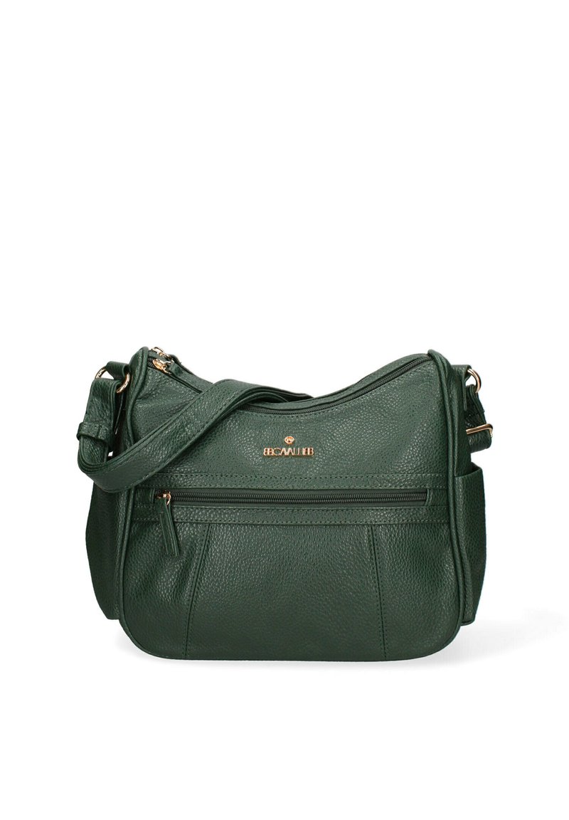 Borsa a tracolla verde in pelle con finitura testurizzata, dotata di una tasca frontale con zip e di una tracolla regolabile, accentuata da dettagli in metallo dorato.