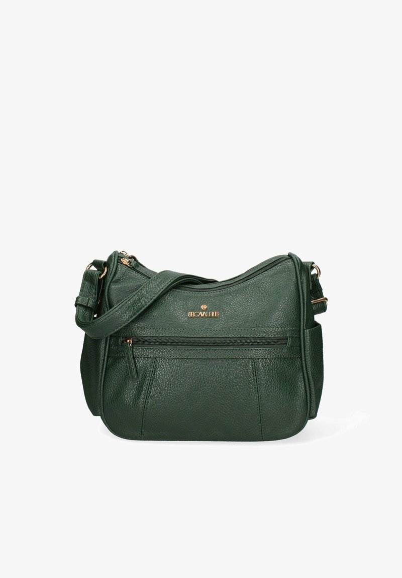 Borsa a tracolla verde in pelle con finitura testurizzata, dotata di una tasca frontale con zip e di una tracolla regolabile, accentuata da dettagli in metallo dorato.