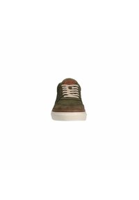 Green suede sneaker with beige laces and a contrasting white rubber sole; features perforated detailing and a tan logo on the tongue.