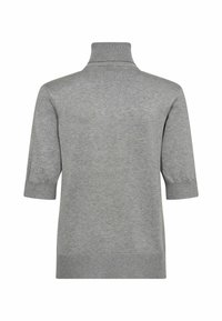 Pulover gri cu mânecă scurtă și guler înalt. Textură tricotată moale, tiv și manșete cu model raschetat, design minimal și fără modele vizibile.
