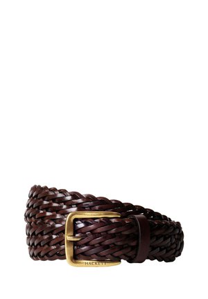 Braided dark brown leather belt with brass buckle engraved "Hackett," coiled against white background.